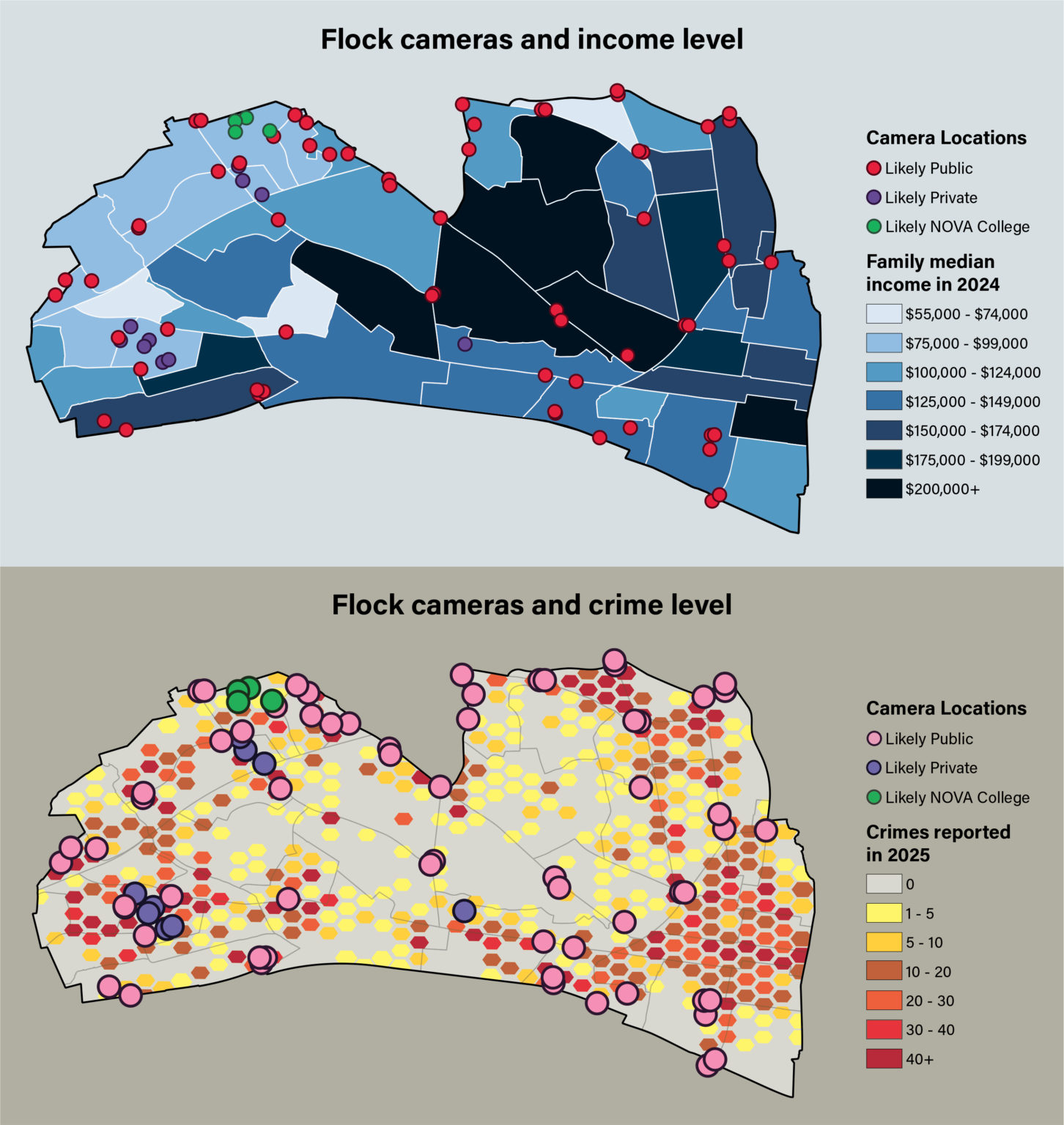 Two maps of Alexandria from the Alexandria Times. The first plots Flock camera locations over 2024 median family income by neighborhood; the second plots the same cameras over the density of crimes reported in 2025.